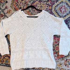White Wide Neck Pointelle Knit Cotton Sweater Size XL